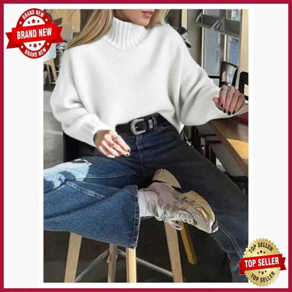 Soft Polyester Pullover Sweater High Neck Loose Fit Long Sleeve - Picture 3 of 7